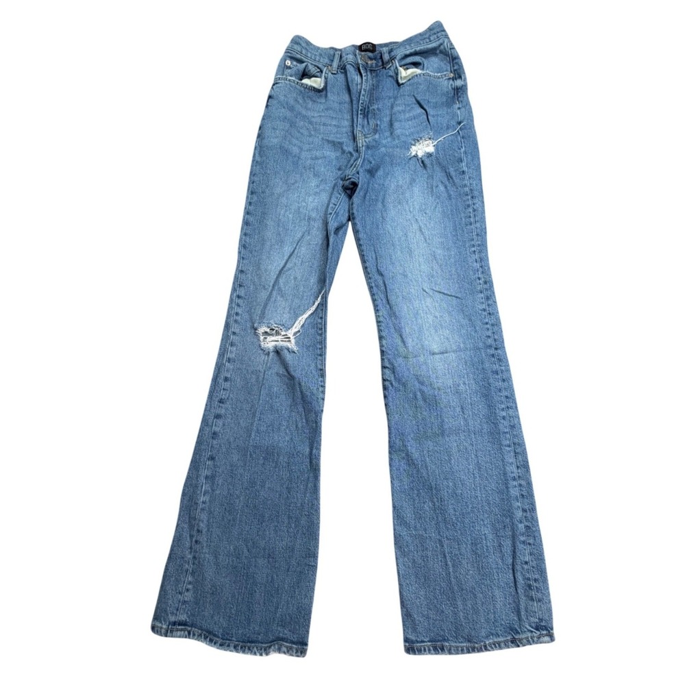 BDG High Rise Flare Jeans Medium Wash Distressed Raw Hem Y2K Womens 29
